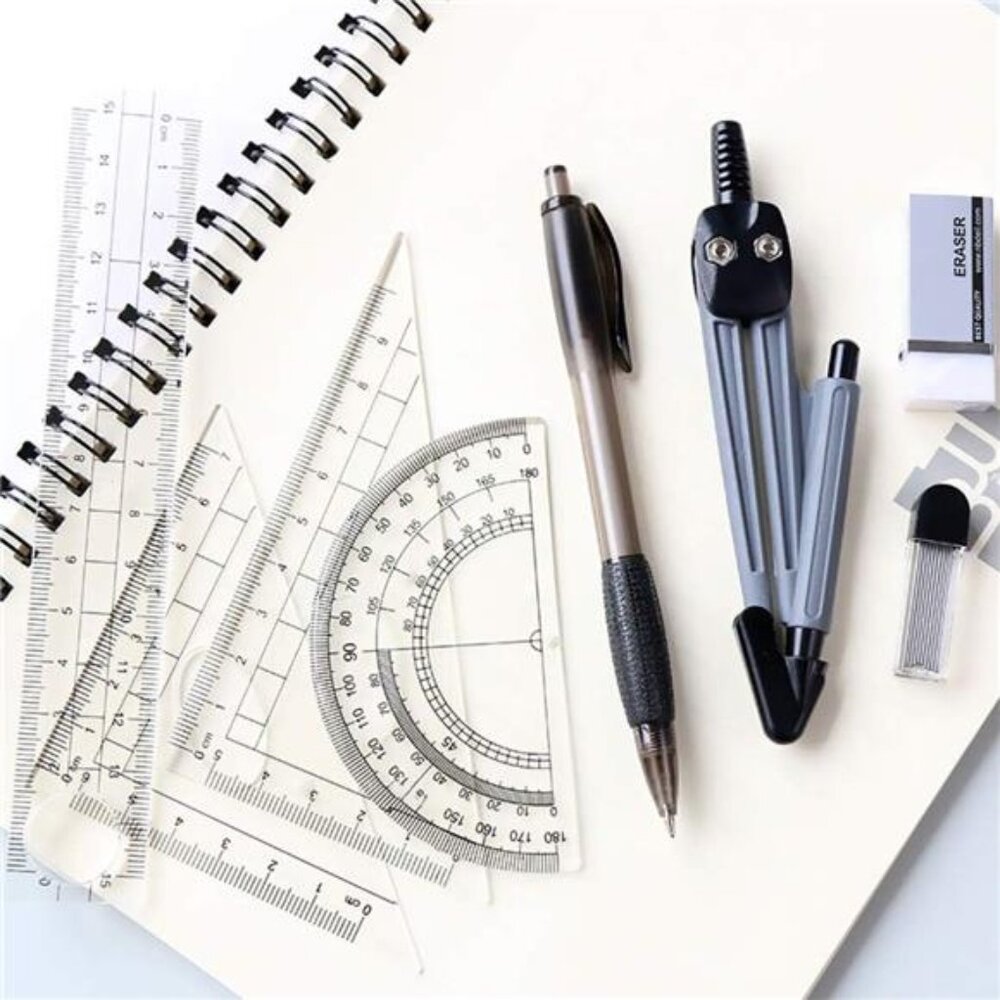 Math Geometry Kit Set, 8 Pieces w/ Shatterproof Storage Box - Rulers, Protractor - Picture 3 of 7